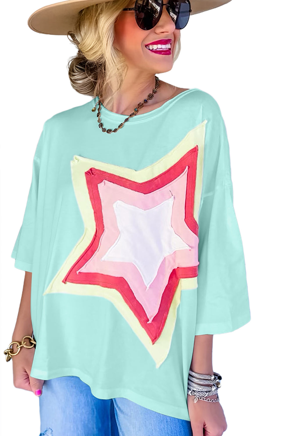 White Colorblock Star Patched Half Sleeve Oversized Tee - Cowaa