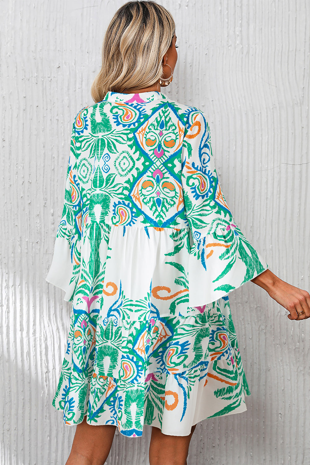 White Ethnic Print Boho Button Tiered Mini Dress - Cowaa