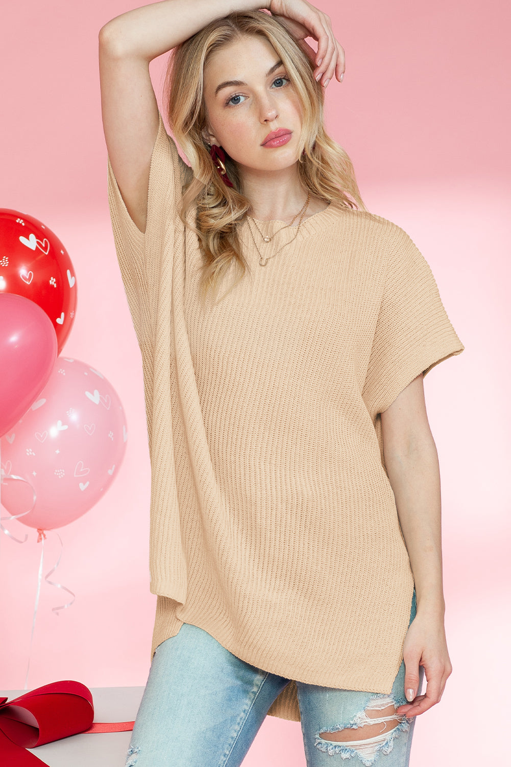 Rose Red Side Slit Short Sleeve Oversized Sweater - Cowaa