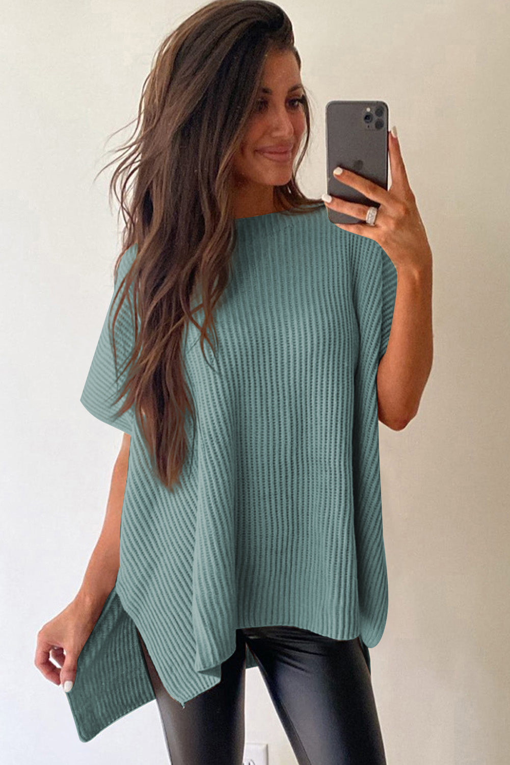 Rose Red Side Slit Short Sleeve Oversized Sweater - Cowaa
