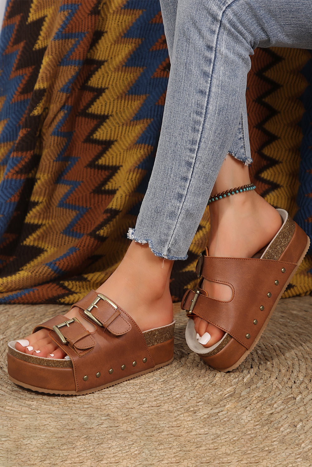 Chestnut Dual Buckle Studded Vintage Platform Sandals - Cowaa
