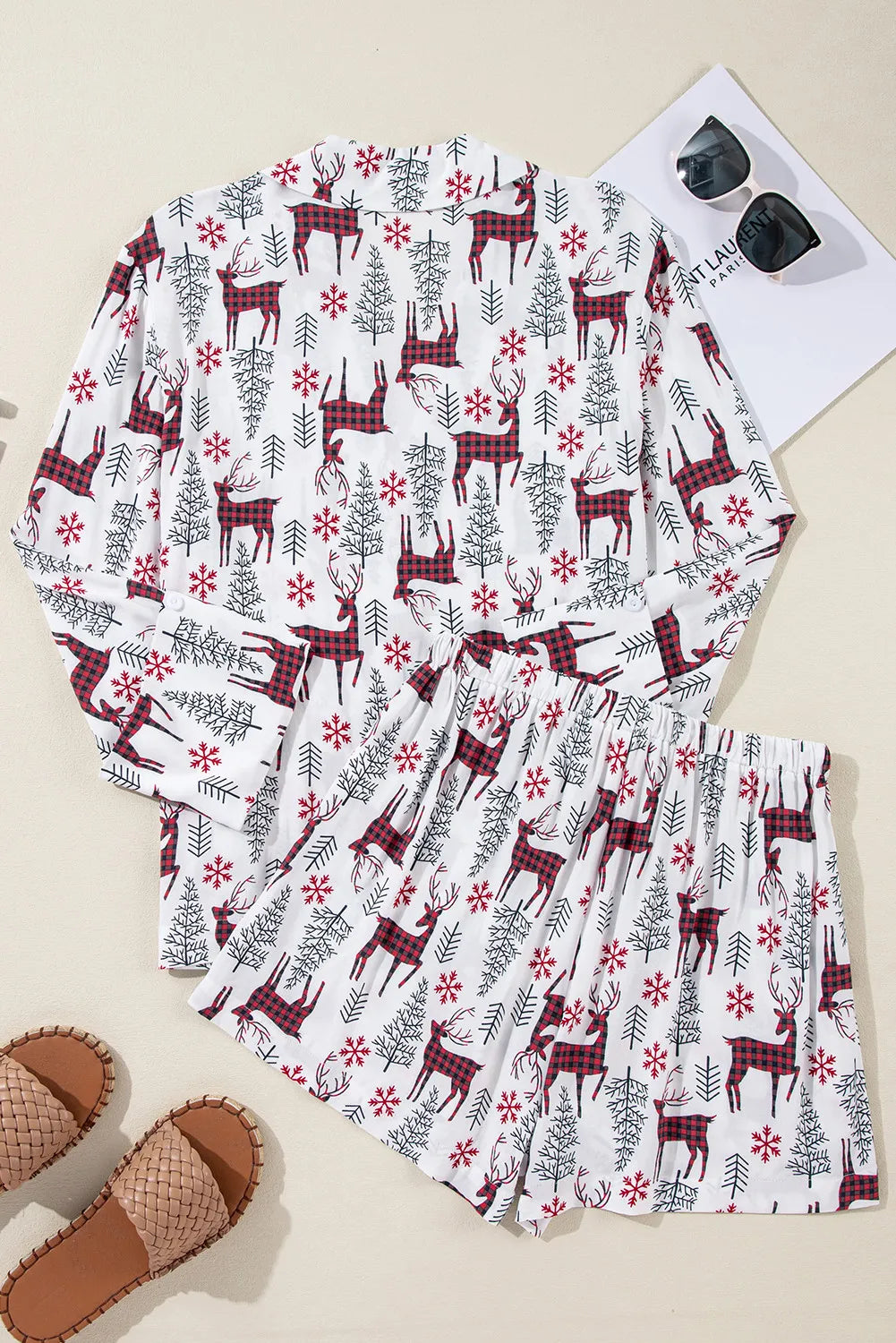 Printed Collared Neck Long Sleeve Top and Shorts Lounge Set - Cowaa