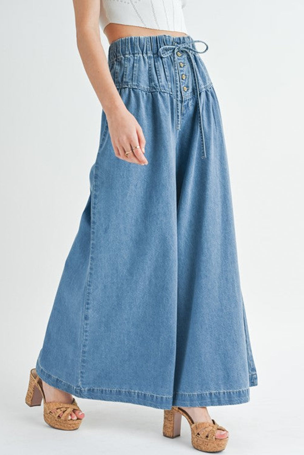 Dusk Blue Mineral Wash Button High Waist Wide Leg Jeans - Cowaa