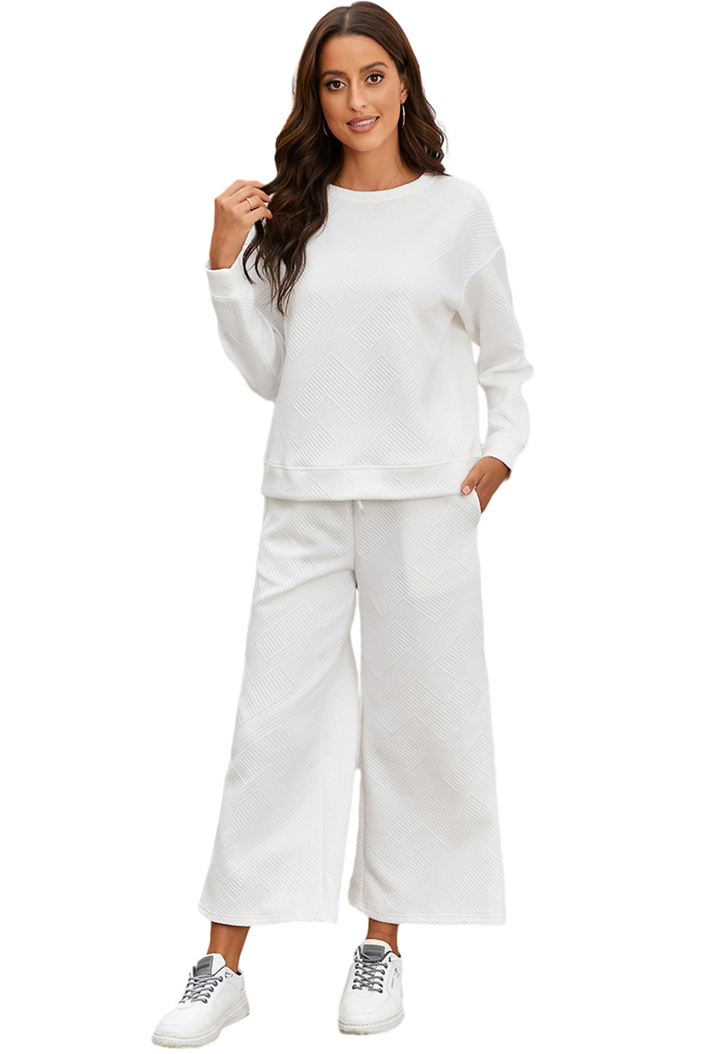 Strawberry Pink Textured Loose Slouchy Long Sleeve Top and Pants Set - Cowaa