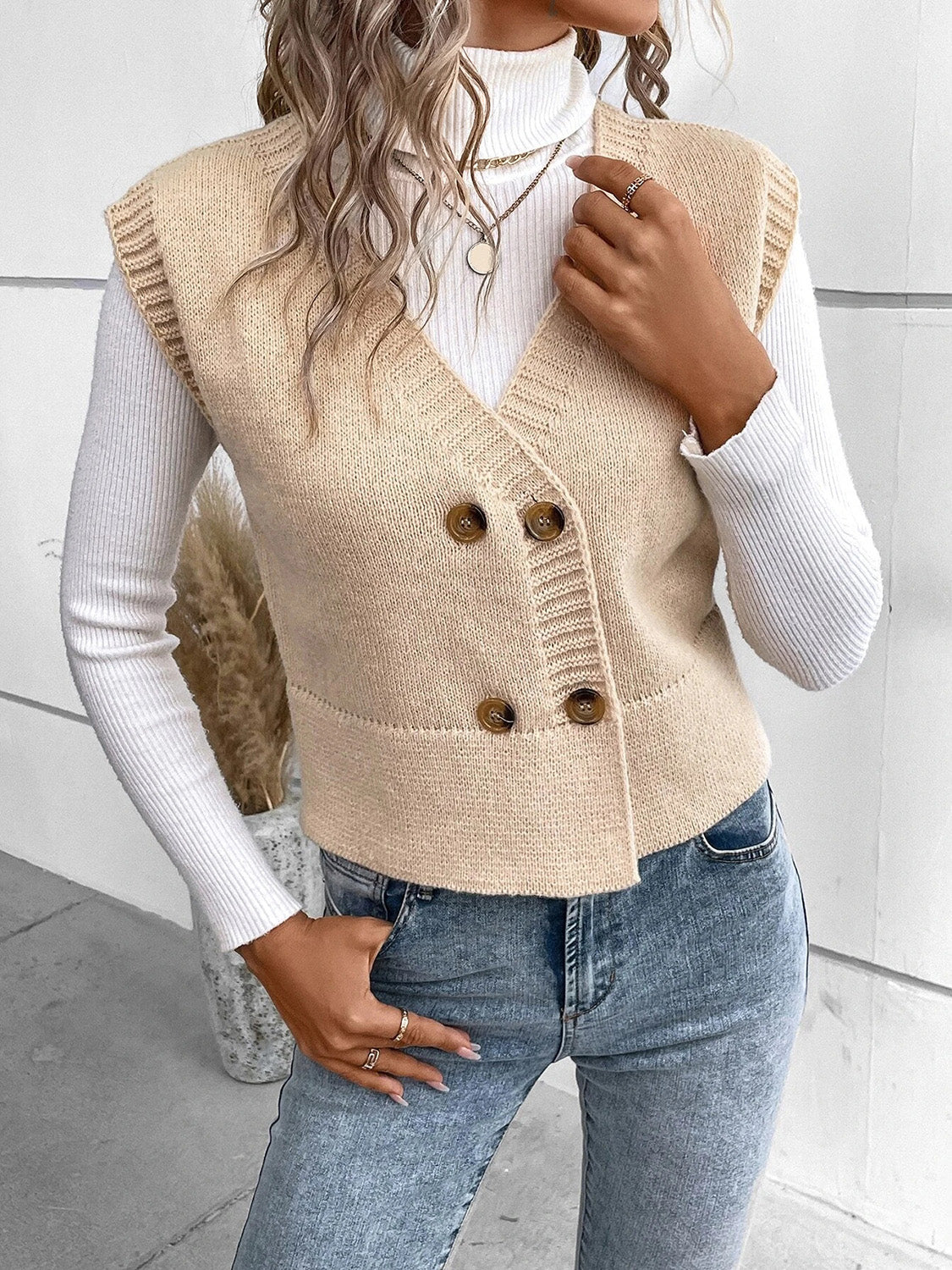 Full Size Button Up V-Neck Sweater Vest - Cowaa