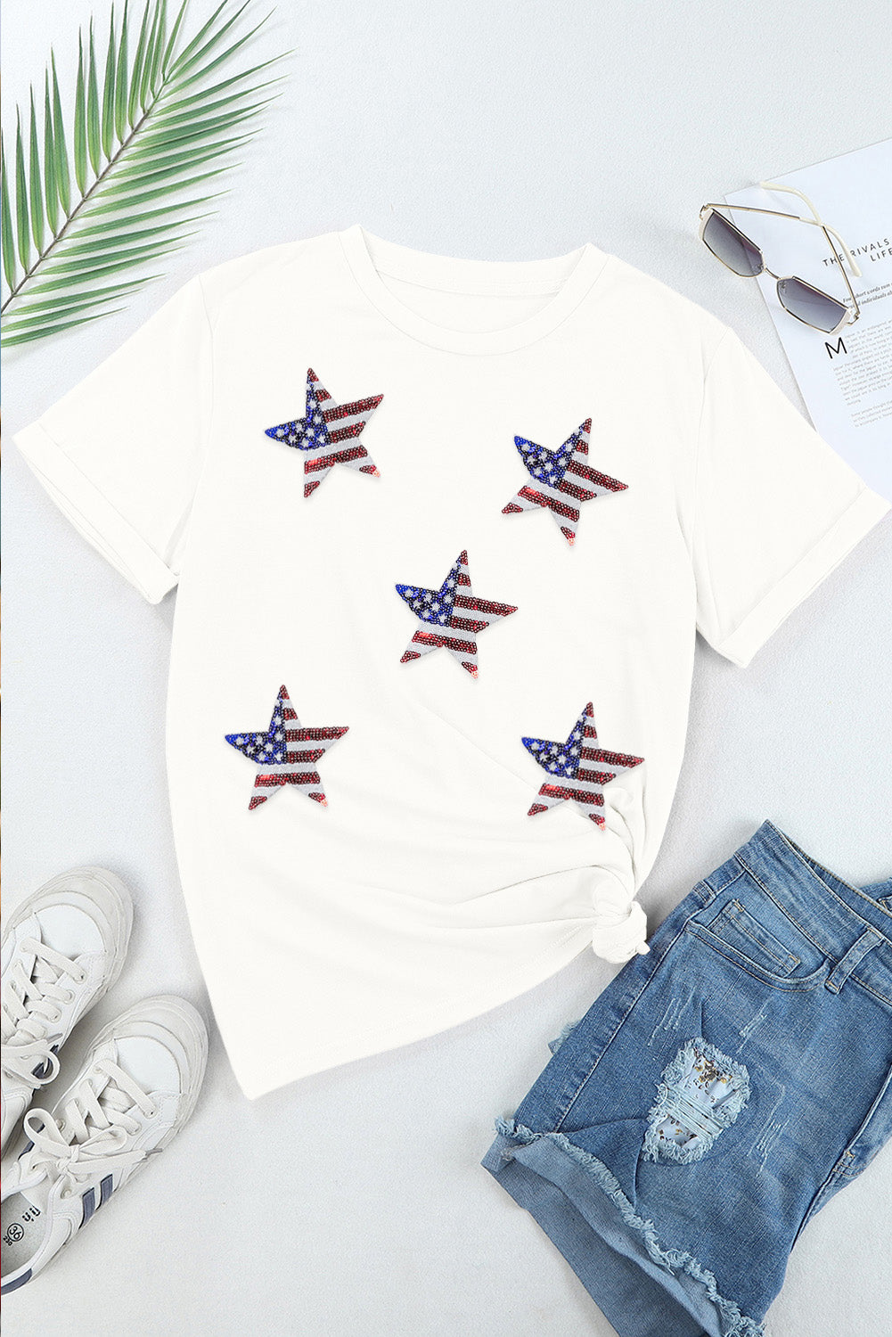 Sequin American Flag Star Graphic T Shirt - Cowaa