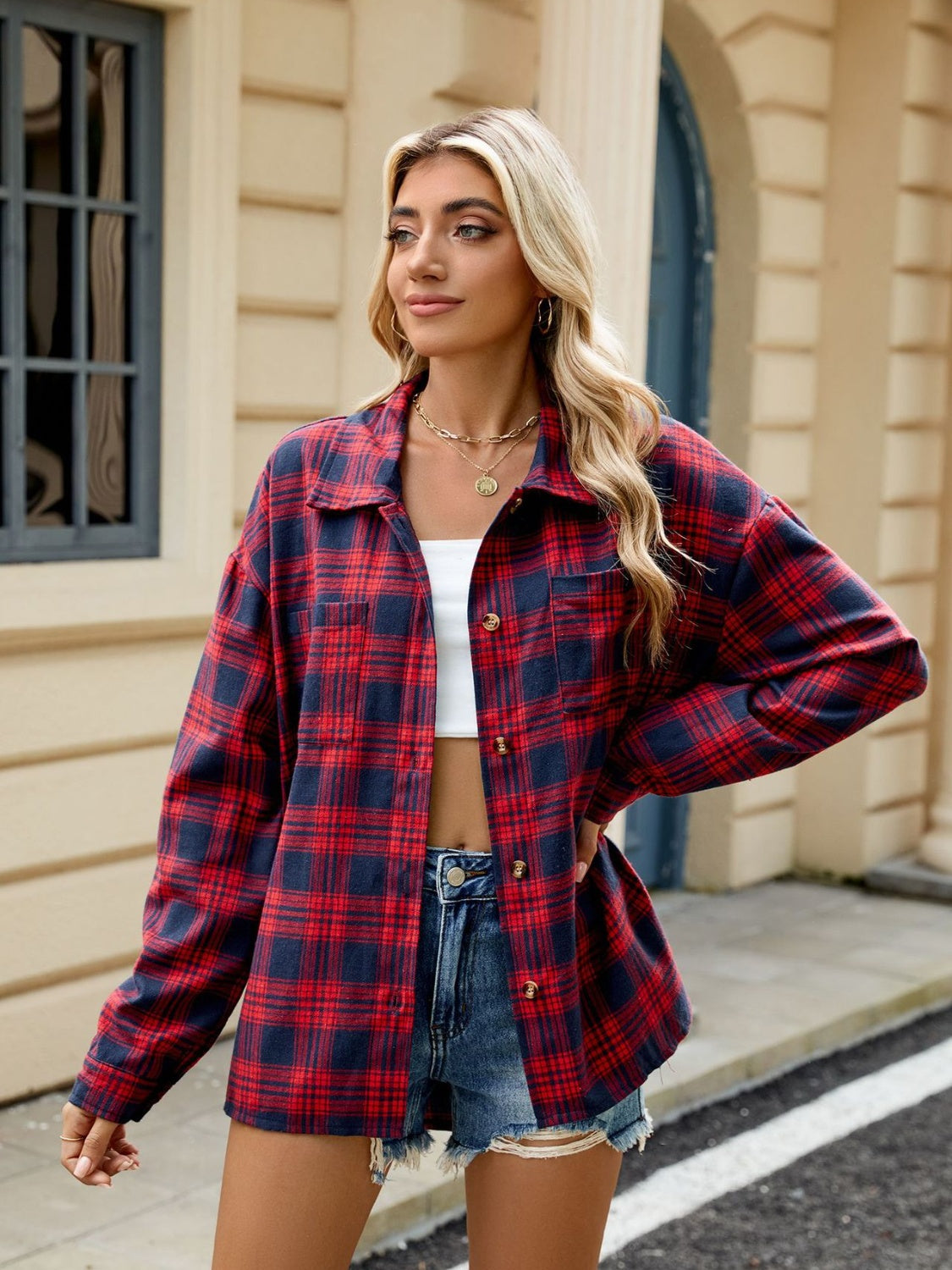 Plaid Collared Neck Long Sleeve Shirt - Cowaa