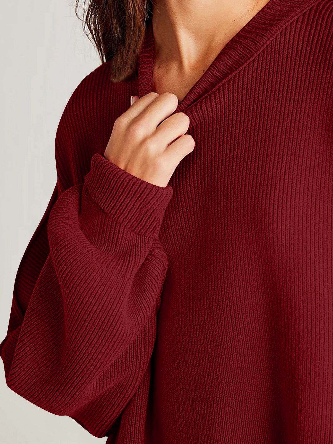 Double Take Side Slit Round Neck Long Sleeve Sweater - Cowaa