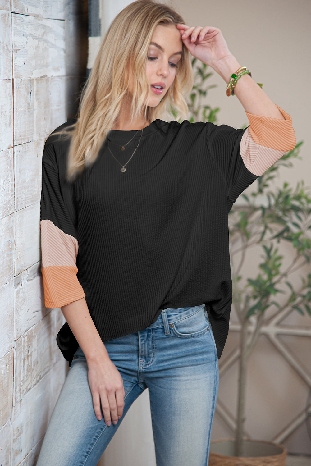 White Pit-striped Colorblock Drop Sleeve Top - Cowaa