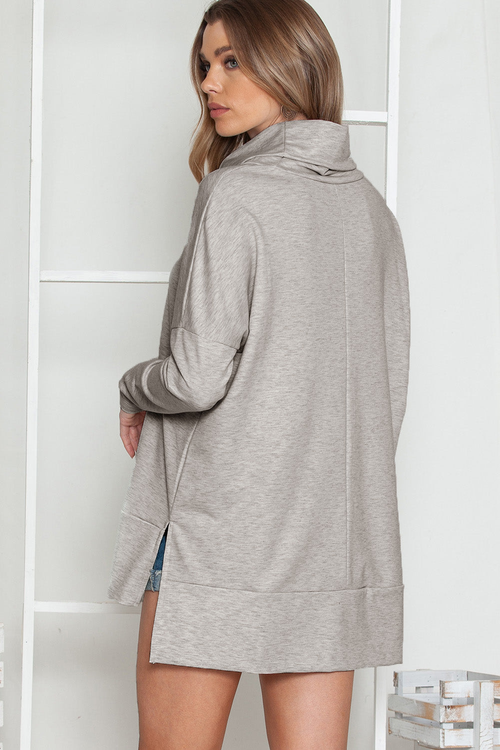 Cowl Neck Loose Fit Tunic Long Sleeve Top - Cowaa