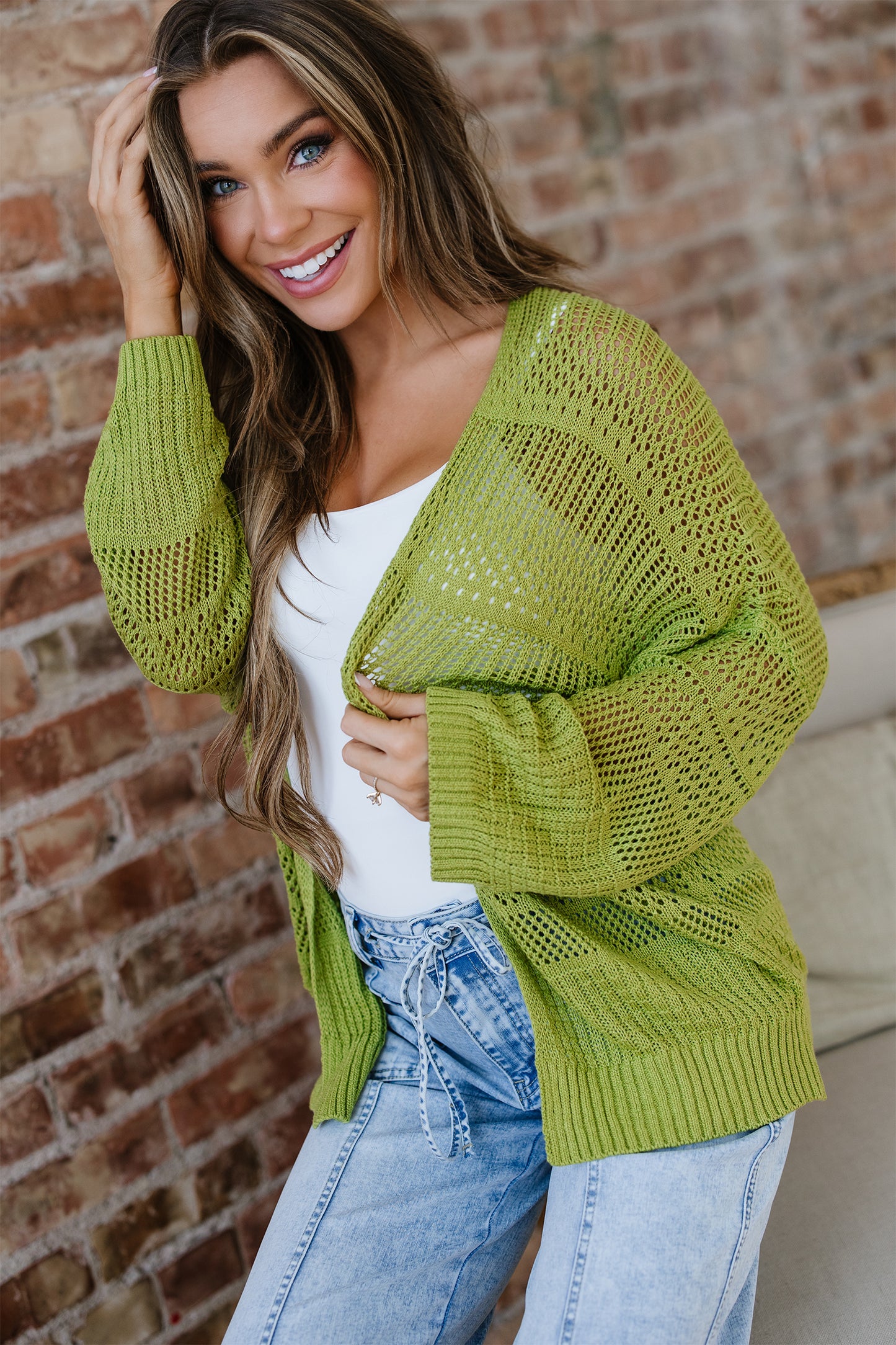 Spinach Green Oversize Crochet Knit Open Cardigan