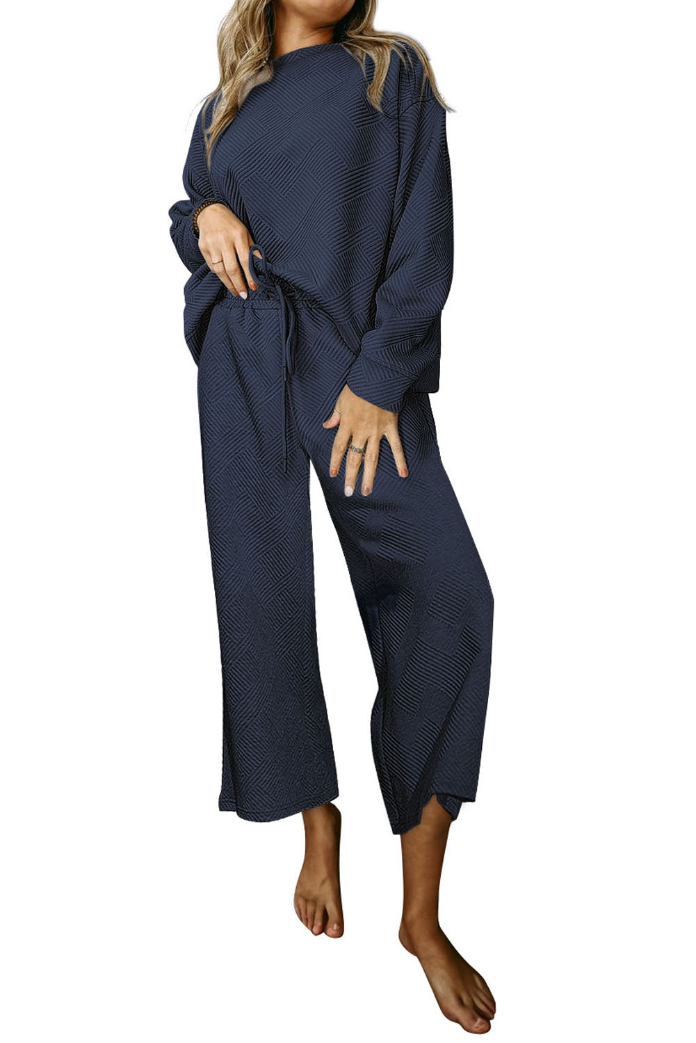 Strawberry Pink Textured Loose Slouchy Long Sleeve Top and Pants Set - Cowaa
