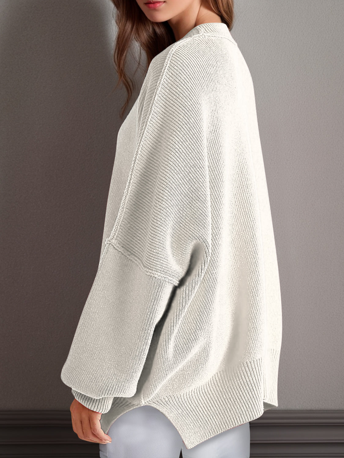 Double Take Side Slit Round Neck Long Sleeve Sweater - Cowaa