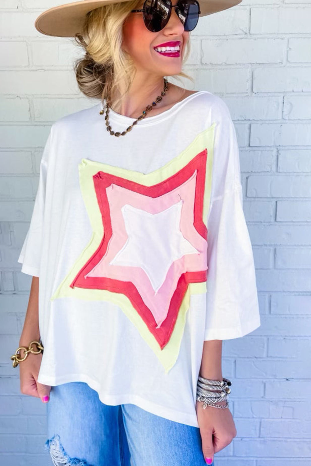White Colorblock Star Patched Half Sleeve Oversized Tee - Cowaa