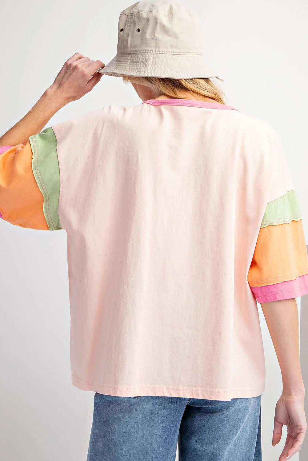 Green Color Block Sleeve Round Neck Oversize Top - Cowaa