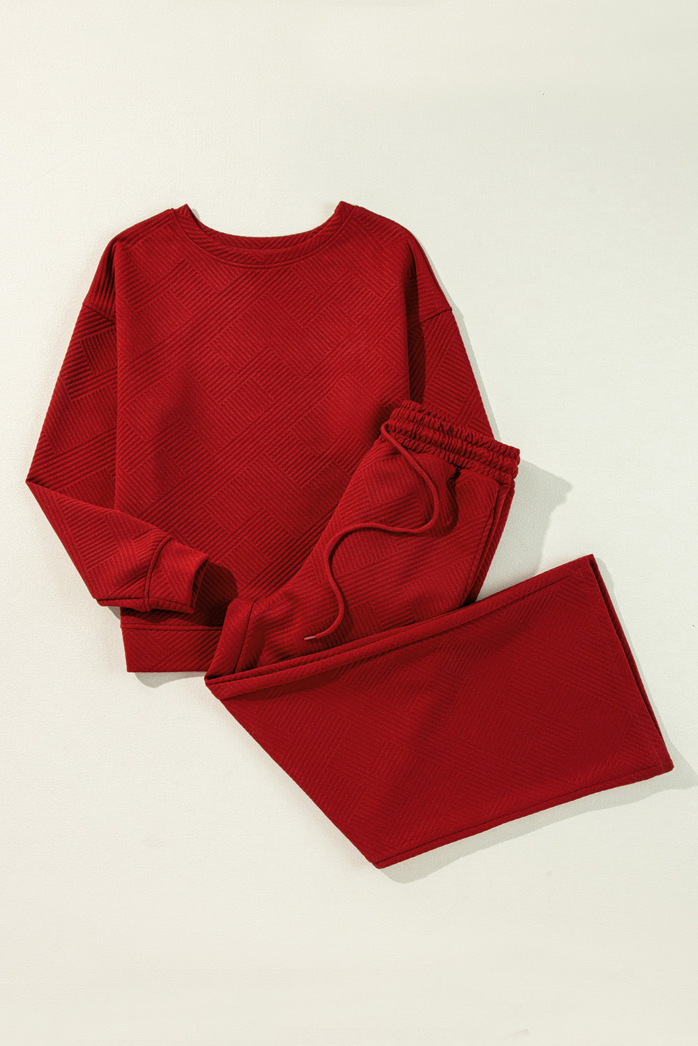 Strawberry Pink Textured Loose Slouchy Long Sleeve Top and Pants Set - Cowaa
