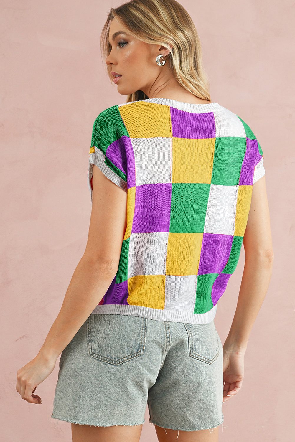 Fiery Red Checkered Color Block Cap Sleeve Knitted Top - Cowaa
