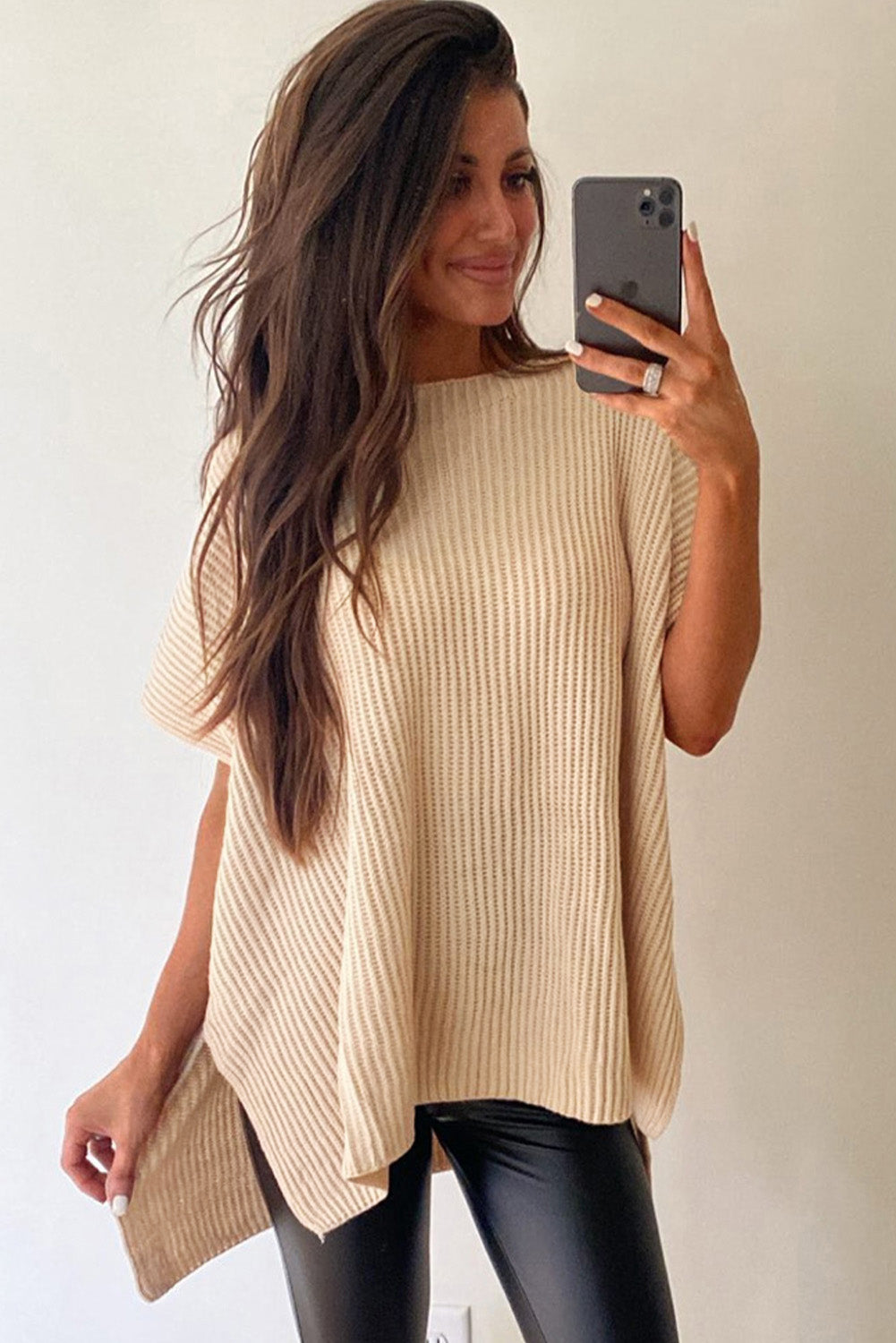 Rose Red Side Slit Short Sleeve Oversized Sweater - Cowaa