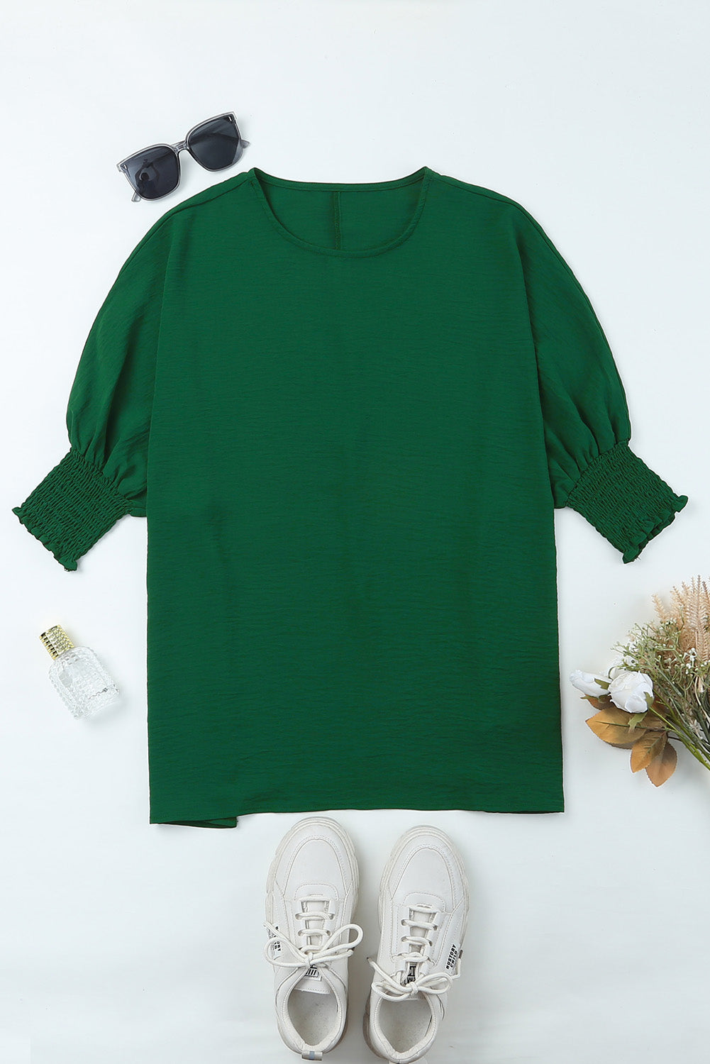 Apricot Solid Casual Smocked Cuffs Batwing Sleeve Blouse - Cowaa