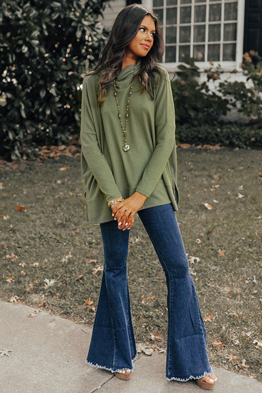 Cowl Neck Loose Fit Tunic Long Sleeve Top - Cowaa