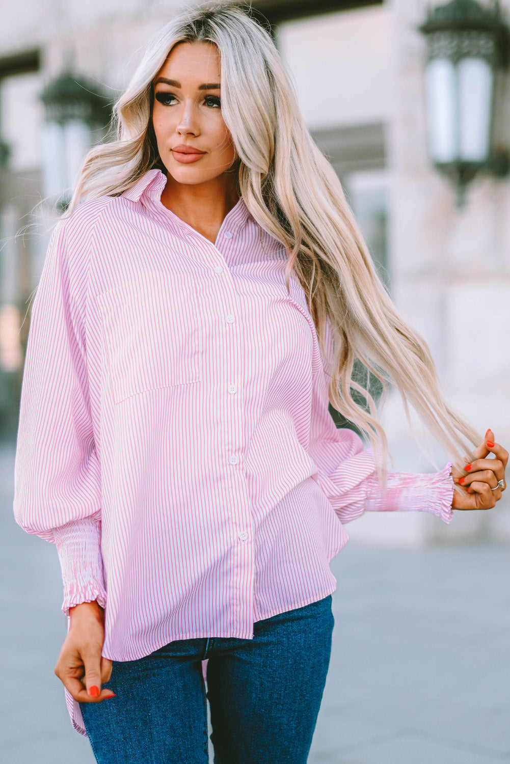 Black Striped Casual Shirred Cuffs Shirt - Cowaa