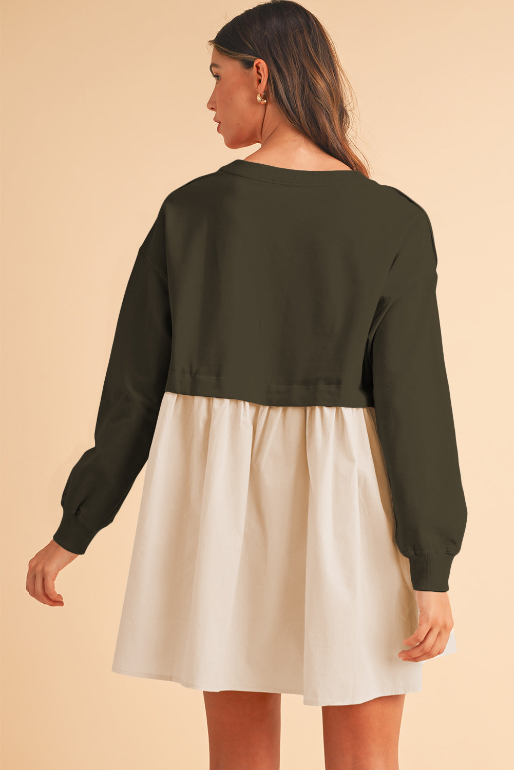 Khaki Sweatshirt 2-in-1 Flowy Pleated Mini Dress - Cowaa