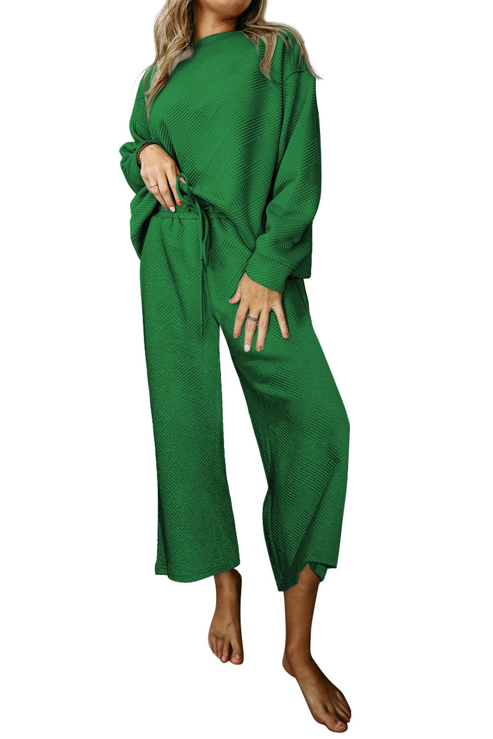 Strawberry Pink Textured Loose Slouchy Long Sleeve Top and Pants Set - Cowaa
