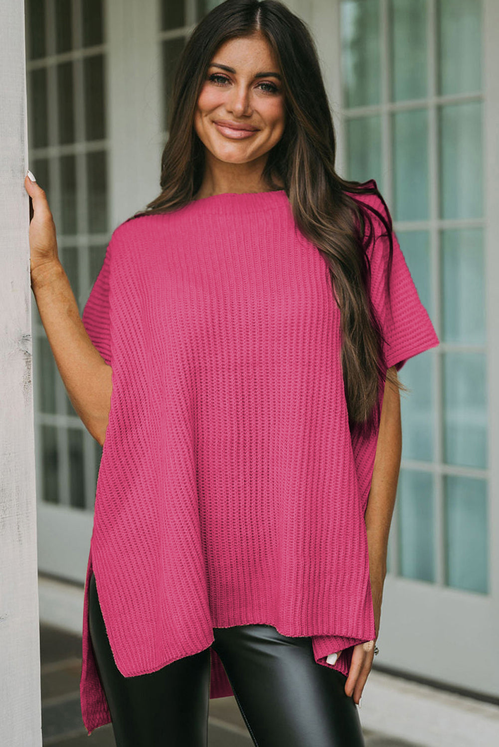 Rose Red Side Slit Short Sleeve Oversized Sweater - Cowaa