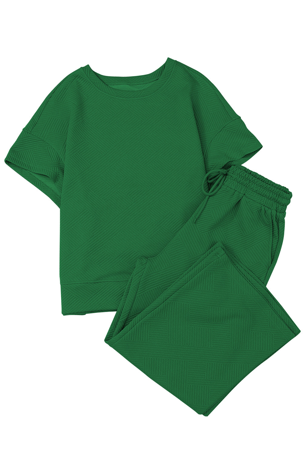 Navy Blue Textured Loose Fit T Shirt and Drawstring Pants Set - Cowaa