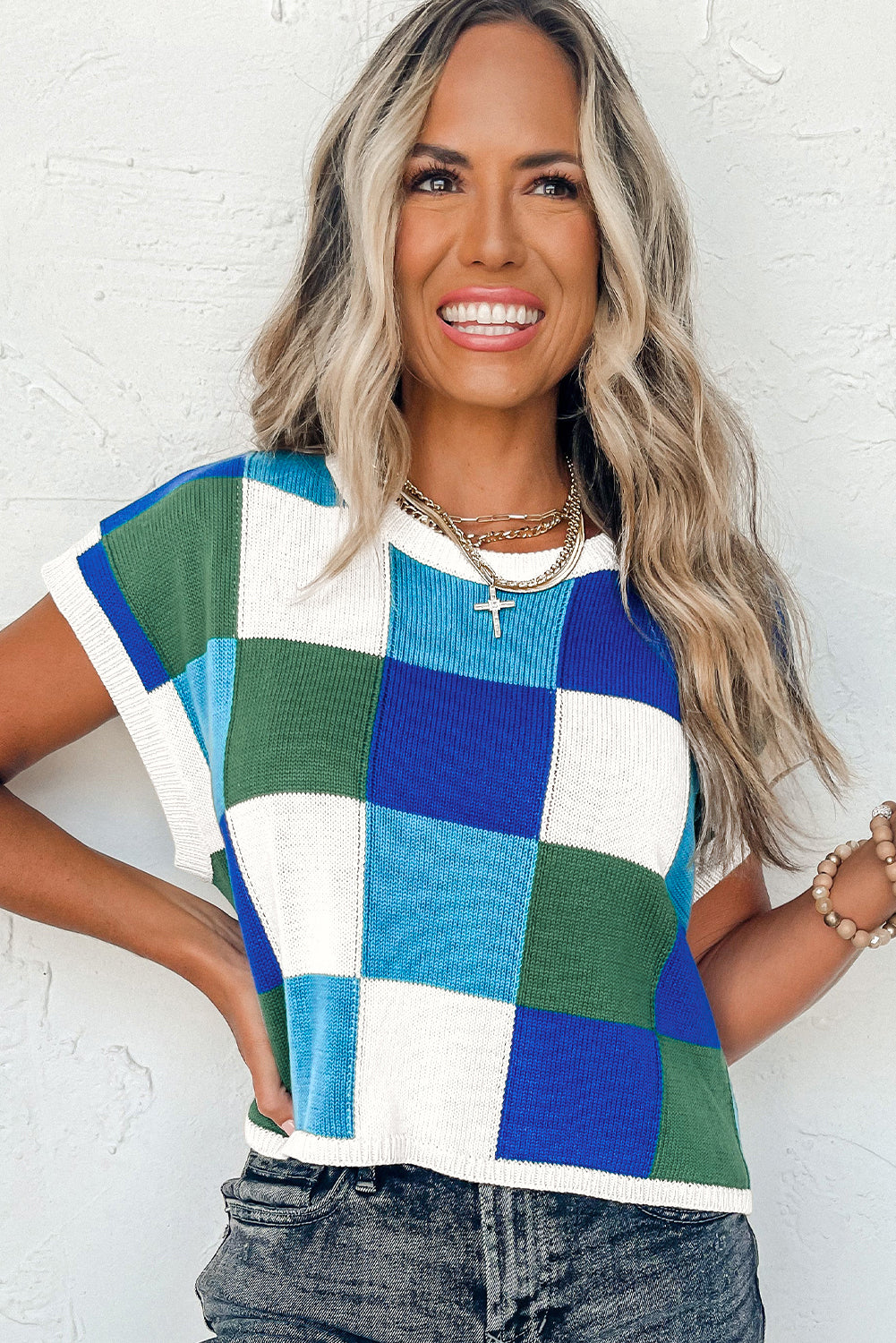 Fiery Red Checkered Color Block Cap Sleeve Knitted Top - Cowaa