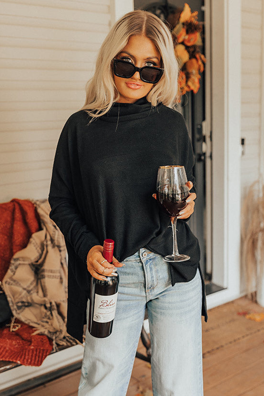 Cowl Neck Loose Fit Tunic Long Sleeve Top - Cowaa
