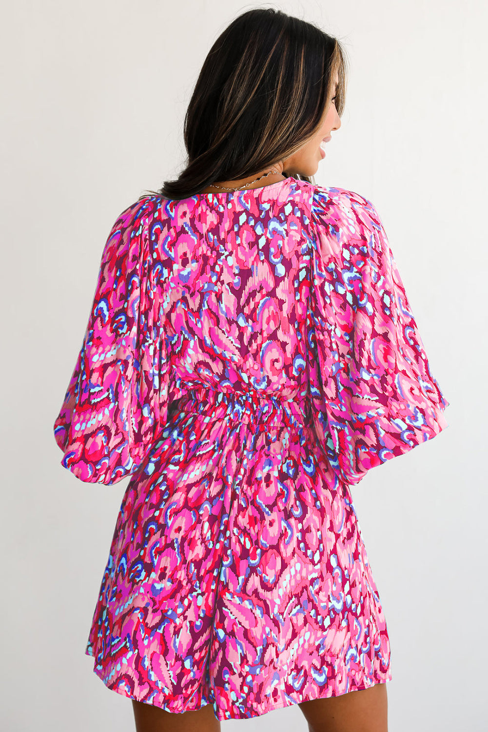 Abstract Print Dolman Sleeve V Neck High Waist Romper