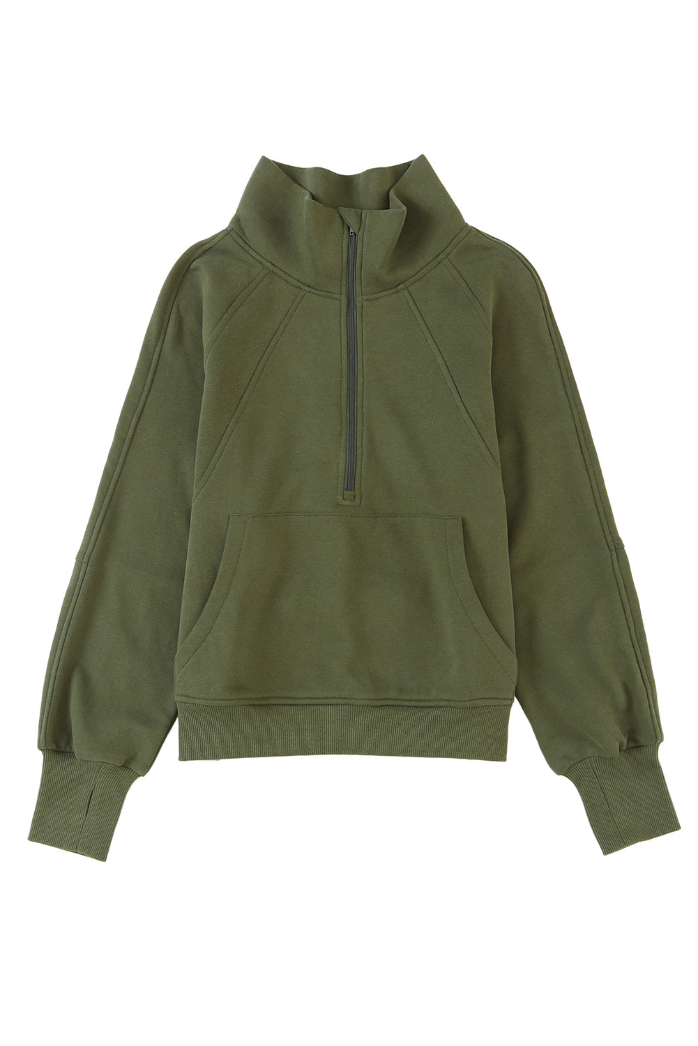 Brown Zip Up Stand Collar Thumbhole Sleeve Sweatshirt - Cowaa