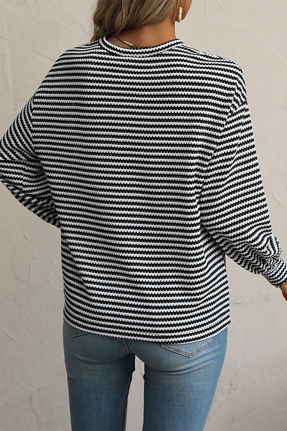 Black Stripe Drop Shoulder Puff Long Sleeve O Neck Plus Size T Shirt - Cowaa