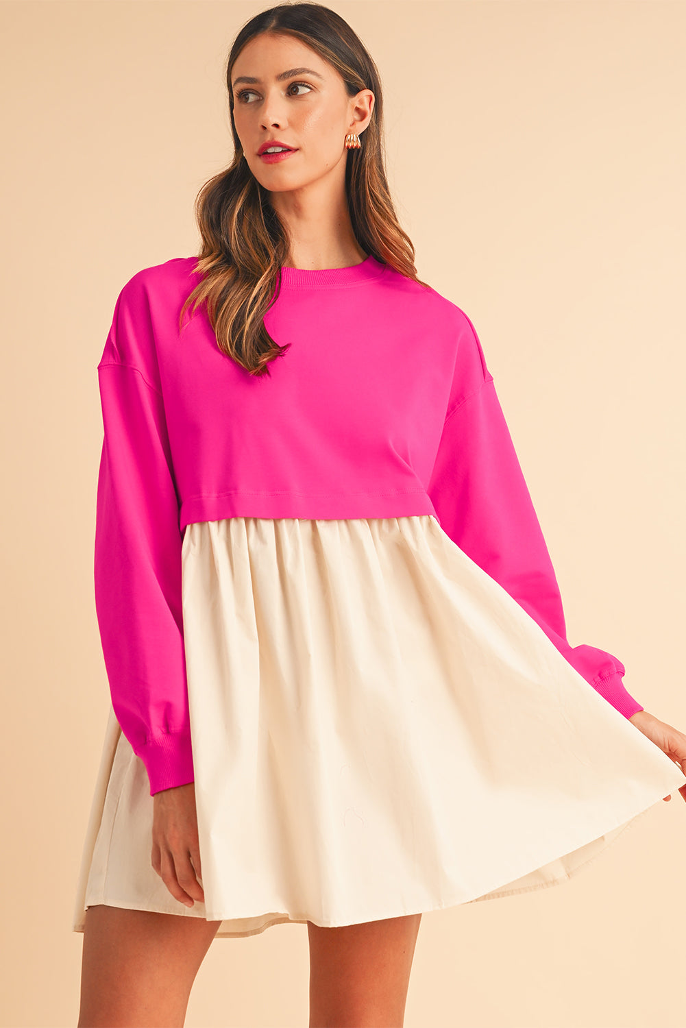 Khaki Sweatshirt 2-in-1 Flowy Pleated Mini Dress - Cowaa