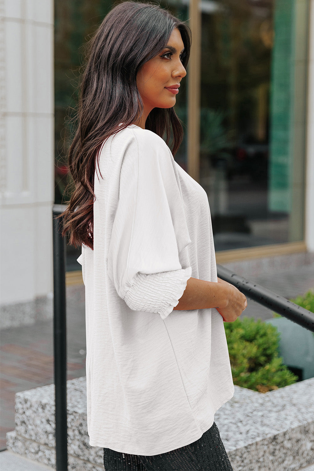 Apricot Solid Casual Smocked Cuffs Batwing Sleeve Blouse - Cowaa