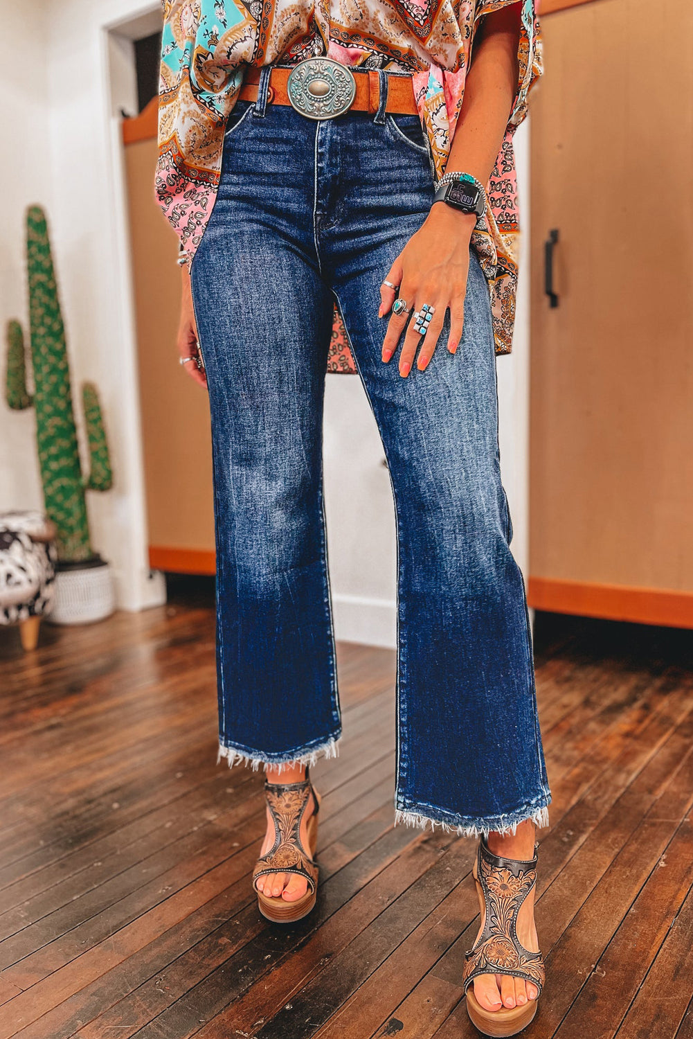 Sail Blue Mineral Wash Raw Hem High Waist Flared Jeans - Cowaa