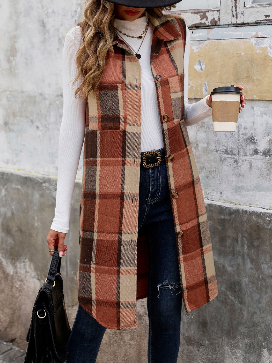 Pocketed Button Up Plaid Vest - Cowaa