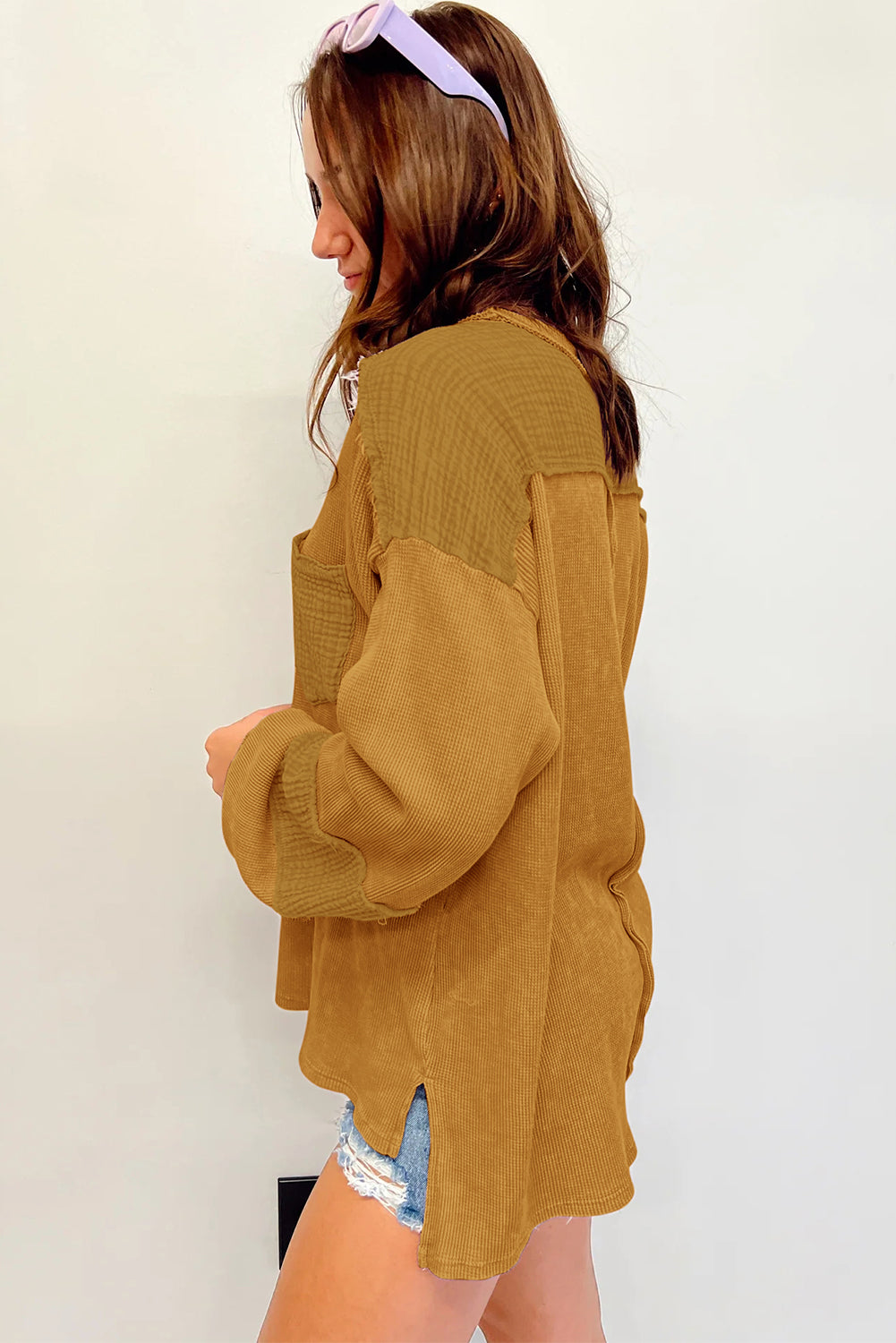 Crinkle Patchwork Long Sleeve Top - Cowaa