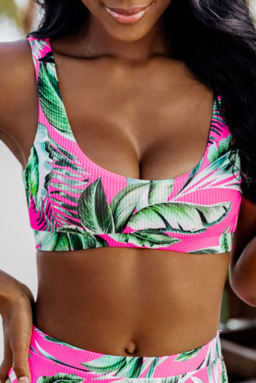 Rose Tropical Plant Print Ribbed Bikini Top - Cowaa