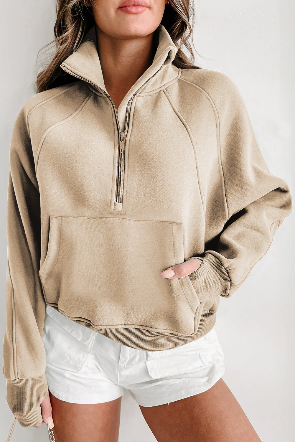 Brown Zip Up Stand Collar Thumbhole Sleeve Sweatshirt - Cowaa