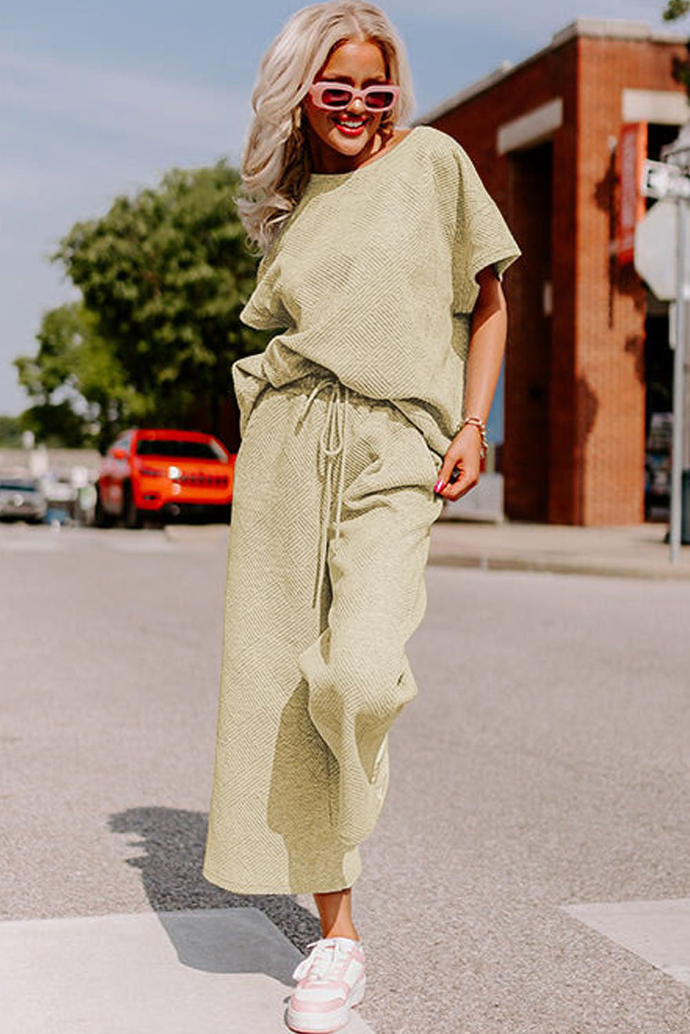 Navy Blue Textured Loose Fit T Shirt and Drawstring Pants Set - Cowaa