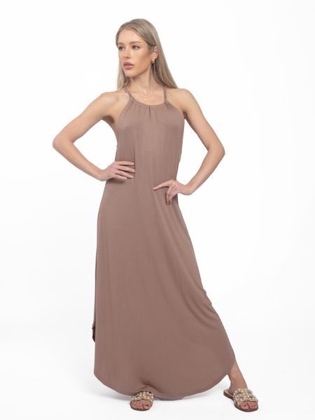 Brown Summer Halter Sleeveless Maxi Dress - Cowaa