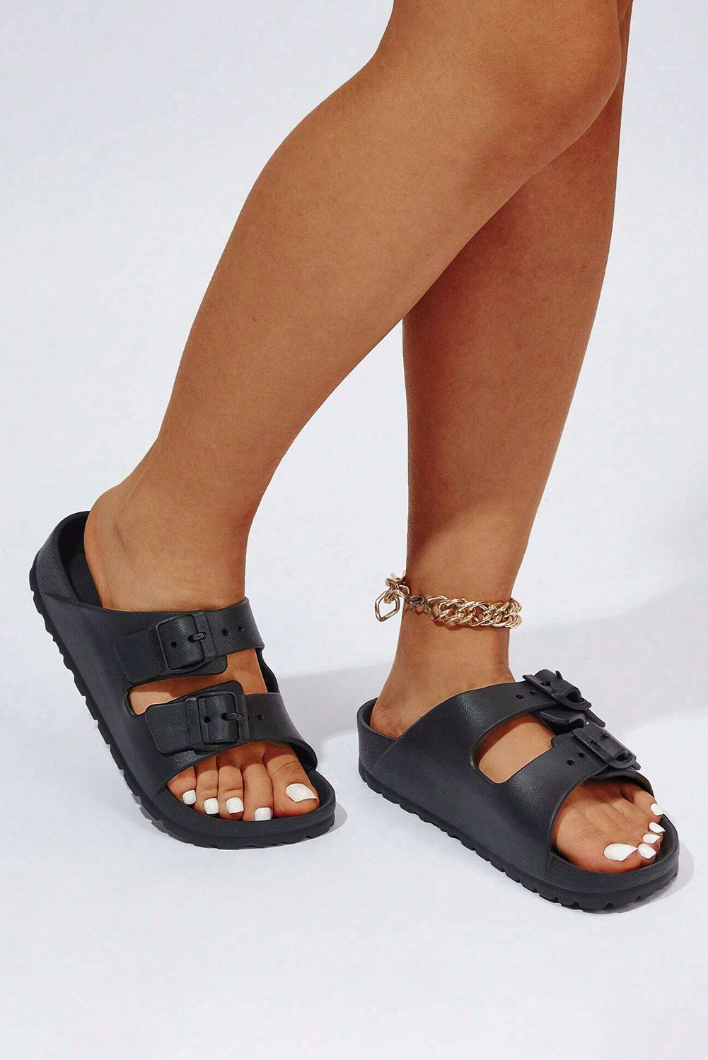 Double Buckle Strap Flat Sandels - Cowaa