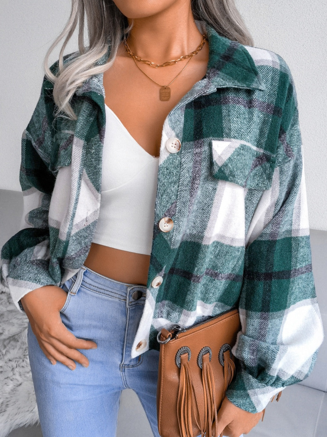 Plaid Collared Neck Long Sleeve Jacket - Cowaa