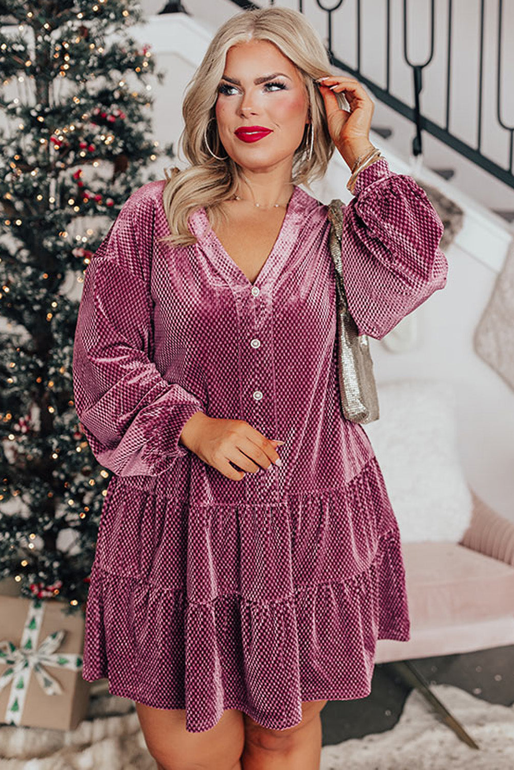 Meadow Mauve Plus Size Textured Velvet Tiered Buttons Tiered Dress - Cowaa