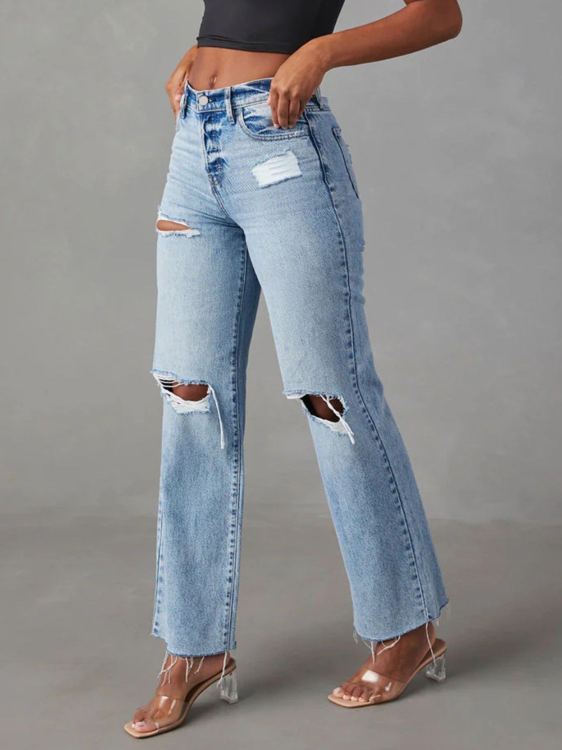 Distressed Straight Leg Jeans with Pockets - Cowaa