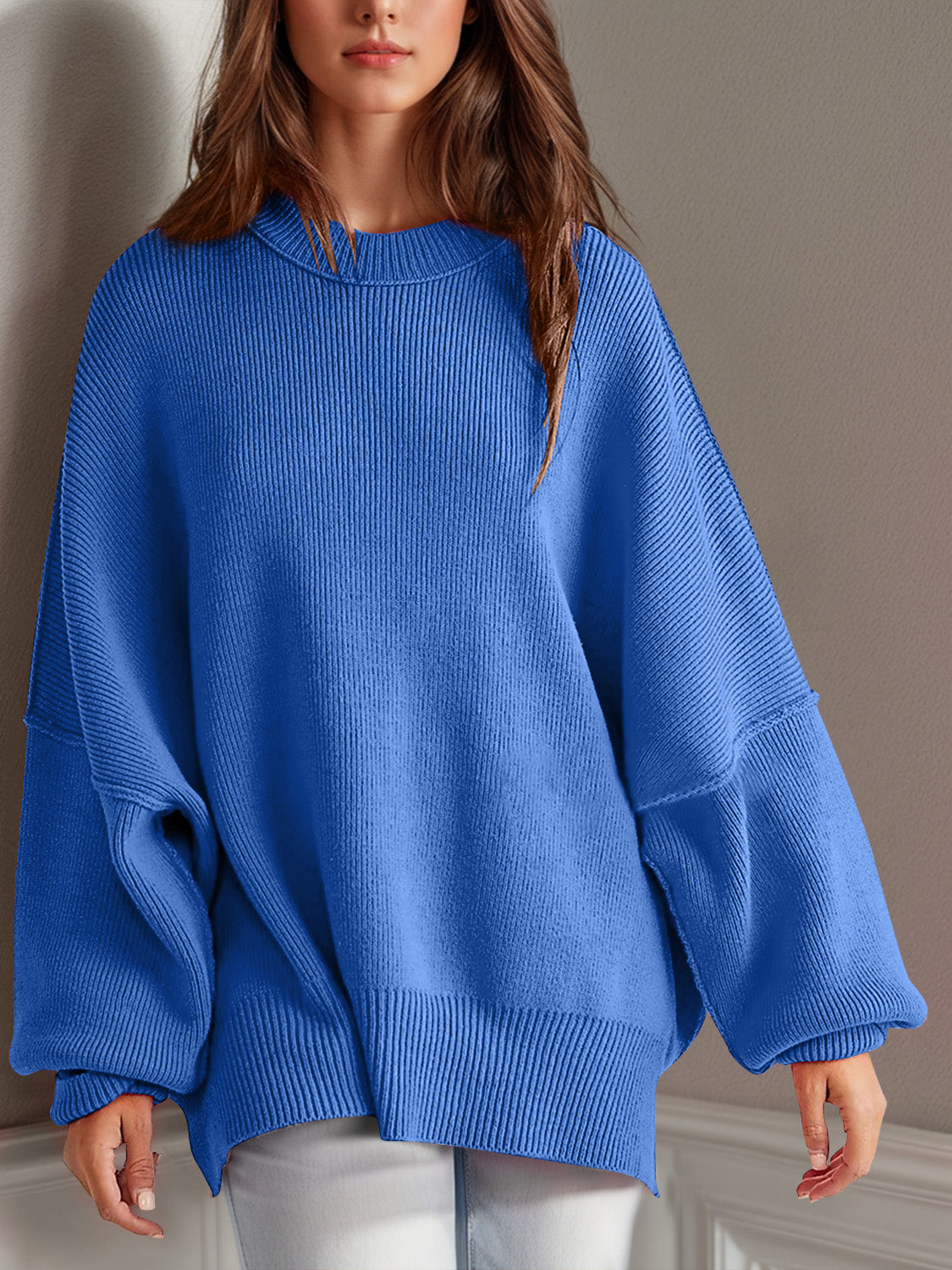 Double Take Side Slit Round Neck Long Sleeve Sweater - Cowaa