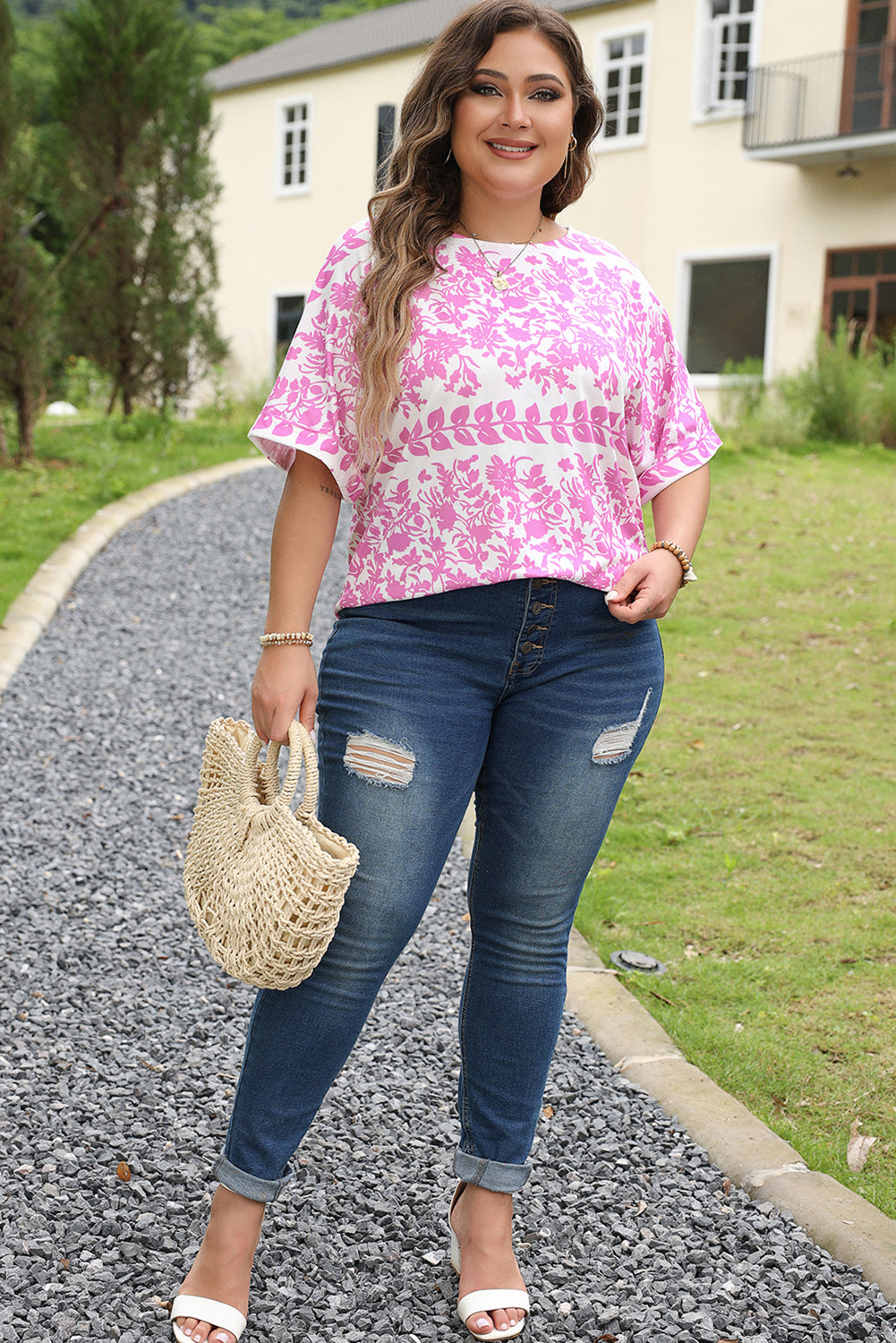 Pink Floral Printed Curved Hem Plus Size T Shirt