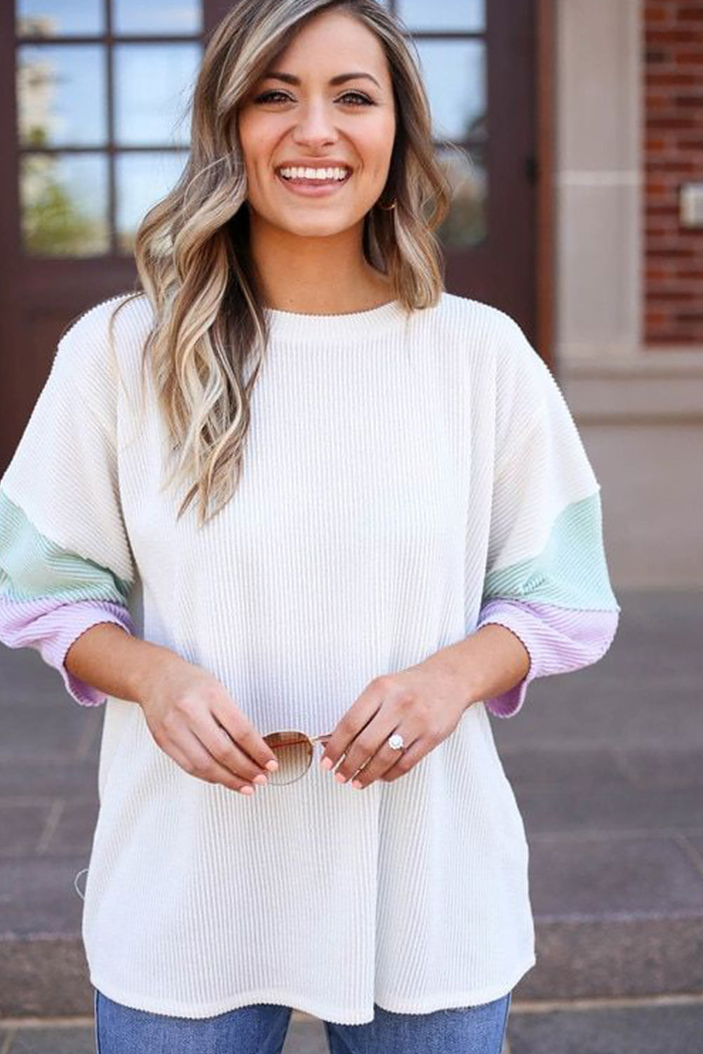 White Pit-striped Colorblock Drop Sleeve Top - Cowaa